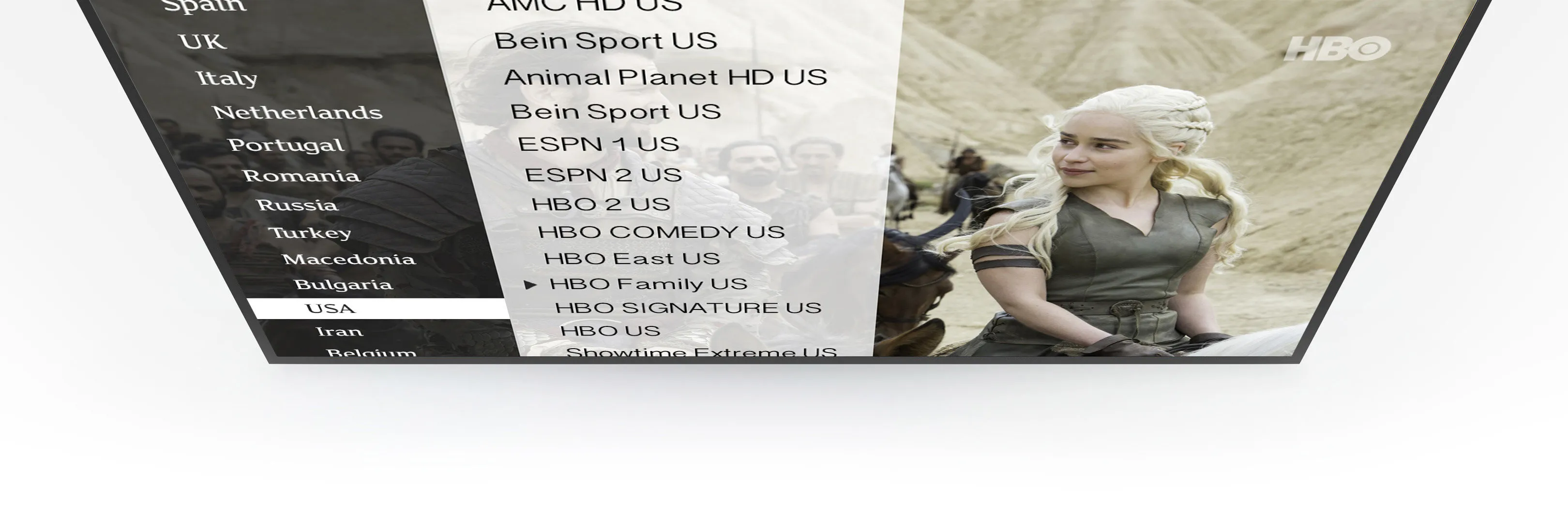 OverBox IPTV channel list interface showing live TV channels grouped by country with HBO playing