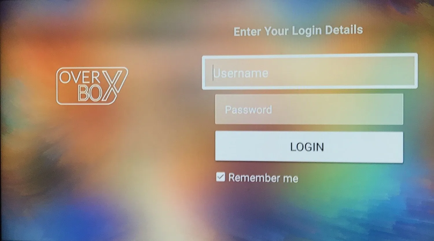 OverBox IPTV login screen with username and password fields and the LOGIN button on Android